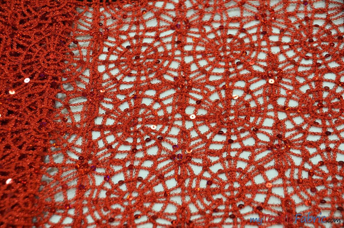 Open Weave Chain Chemical Lace Polyester Fabric - Sheer Metallic Open Work, Sequins Embellished, 50" Width, 10 Colors (1 Yard)