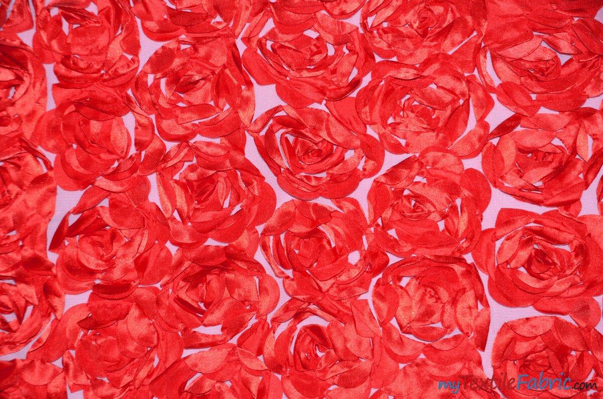 Rosette Satin Bordeaux Polyester Fabric - 3D Floral Satin Embroidered On A Mesh, Bordeaux, 52" Width (1 Yard)