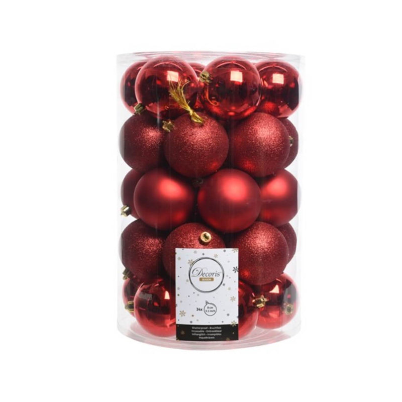 8cm Red Shatterproof Christmas Ornaments - Pack of 34