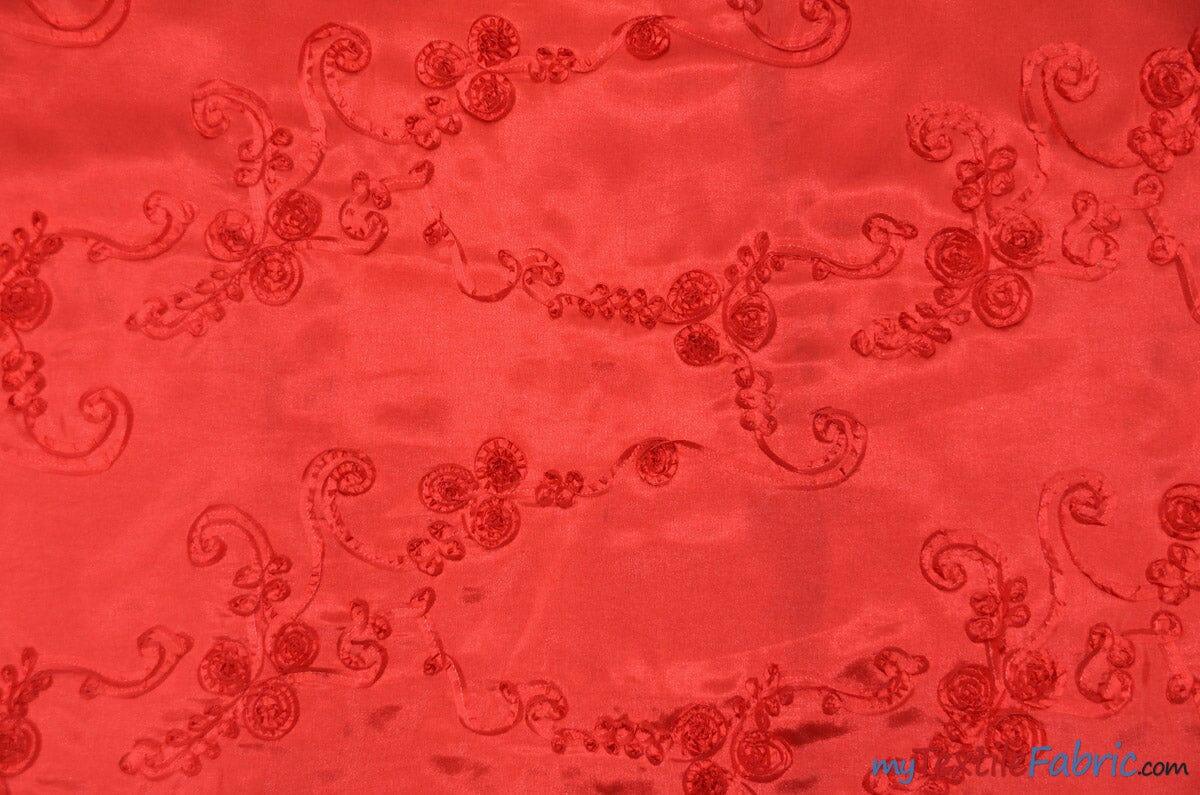Ribbon Taffeta Polyester Fabric - Embroidered Ribbon Cord, Multiple Colors, 54" Width (1 Yard)