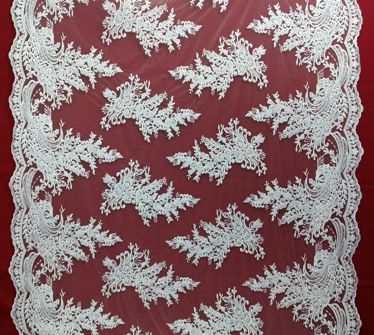 Beaded Corded Bridal Lace Fabric - Embroidered Polyester Net Mesh, 50" Width, Gold, Silver, Ivory, White (1 Yard)