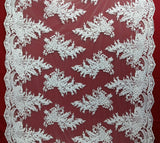 Beaded Corded Bridal Lace Fabric - Embroidered Polyester Net Mesh, 50" Width, Gold, Silver, Ivory, White (1 Yard)