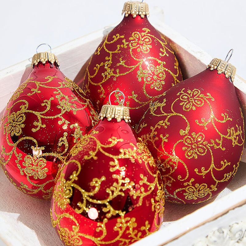 4ct Glass Drop Christmas Red Velvet Gold Floral Glitter Ornament Decorative Set