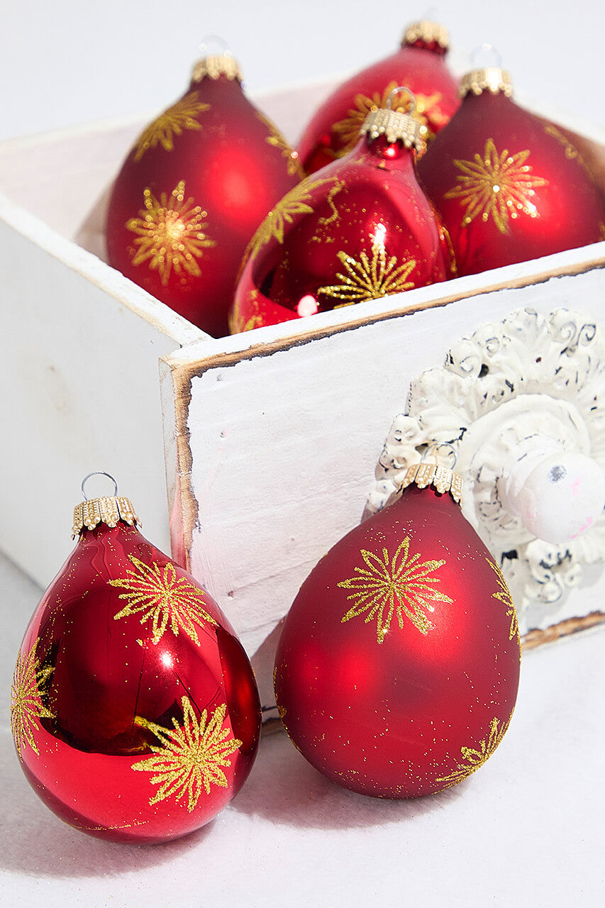 6ct Drop Glass Red & Velvet Gold Snowflake Ornament Set