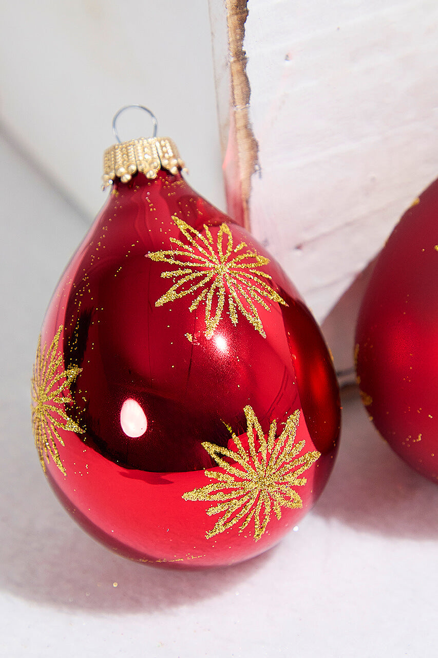 6ct Drop Glass Christmas Red & Red Velvet With Gold Snowflake