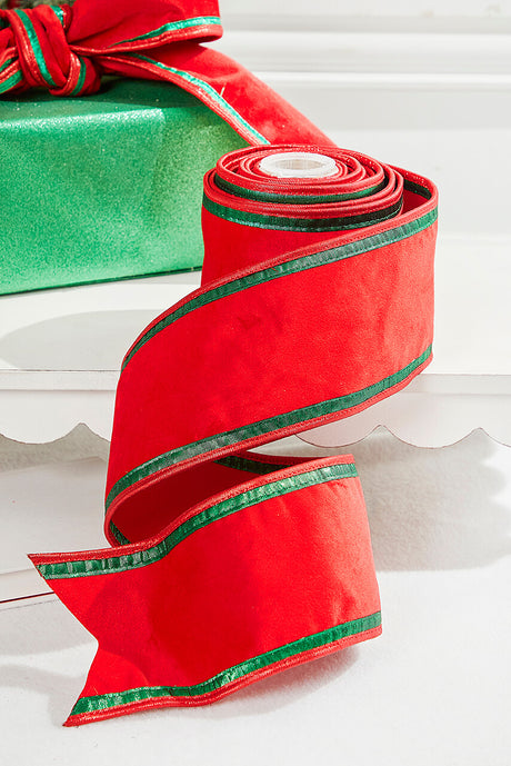 4” x 5 Yard Red & Green Piping Velvet Metallic Dupion Ribbon