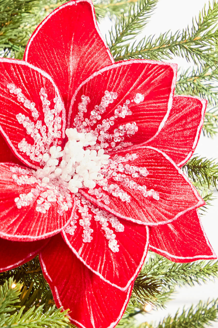 Glitter Red Poinsettia Stem 22 Inch Christmas Floral Decor