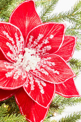 Glitter Red Poinsettia Stem 22 Inch Christmas Floral Decor