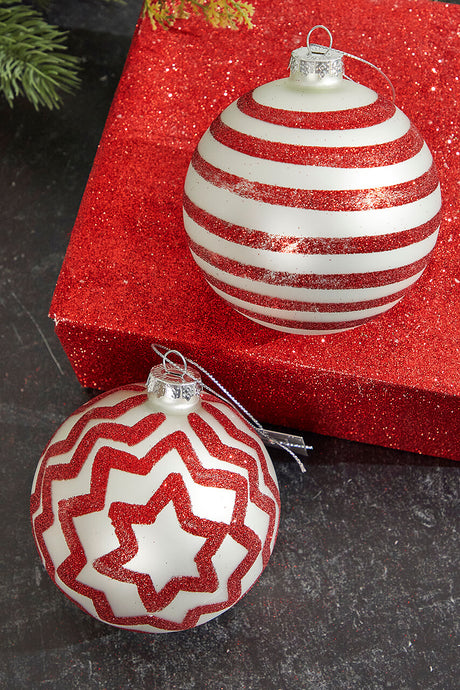 4" Red with Stripes/Zig Zag Glass Ball Ornament