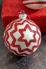 4" Red Stripes / Zig Zag Glass Ball Ornament – Festive Handcrafted Holiday Decor