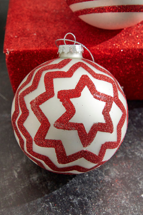 4" Red Stripes / Zig Zag Glass Ball Ornament – Festive Handcrafted Holiday Decor