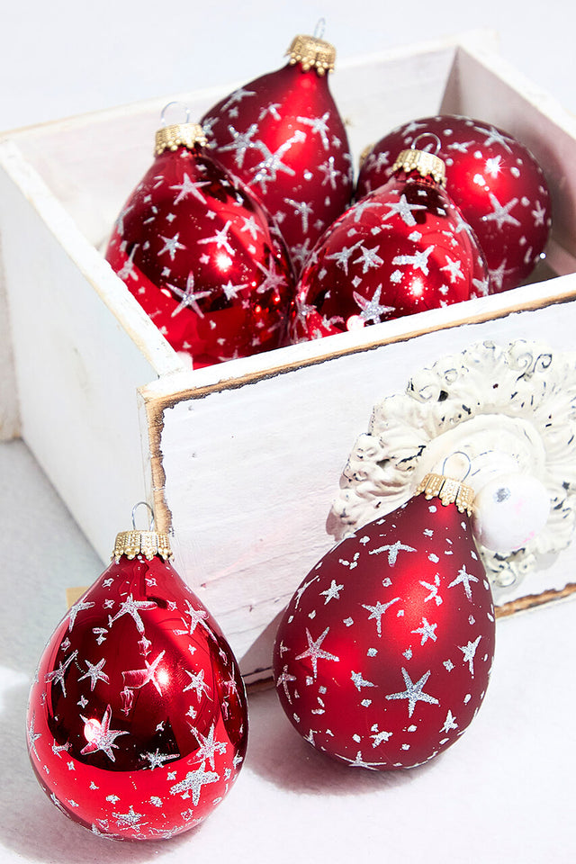 6ct Glass Drop Christmas Red & Red Velvet with Silver Stars