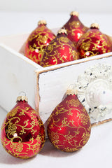 6ct Glass Drop Christmas Red & Red Velvet with Gold Floral Glitterlace