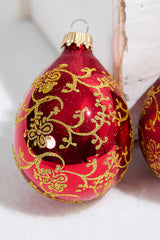 6ct Glass Drop Christmas Red & Red Velvet with Gold Floral Glitterlace