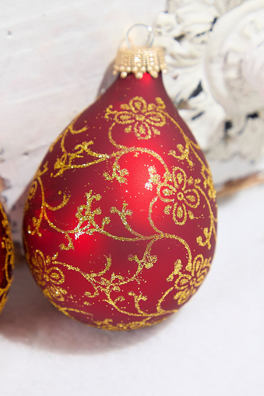 6ct Glass Drop Christmas Red & Red Velvet with Gold Floral Glitterlace