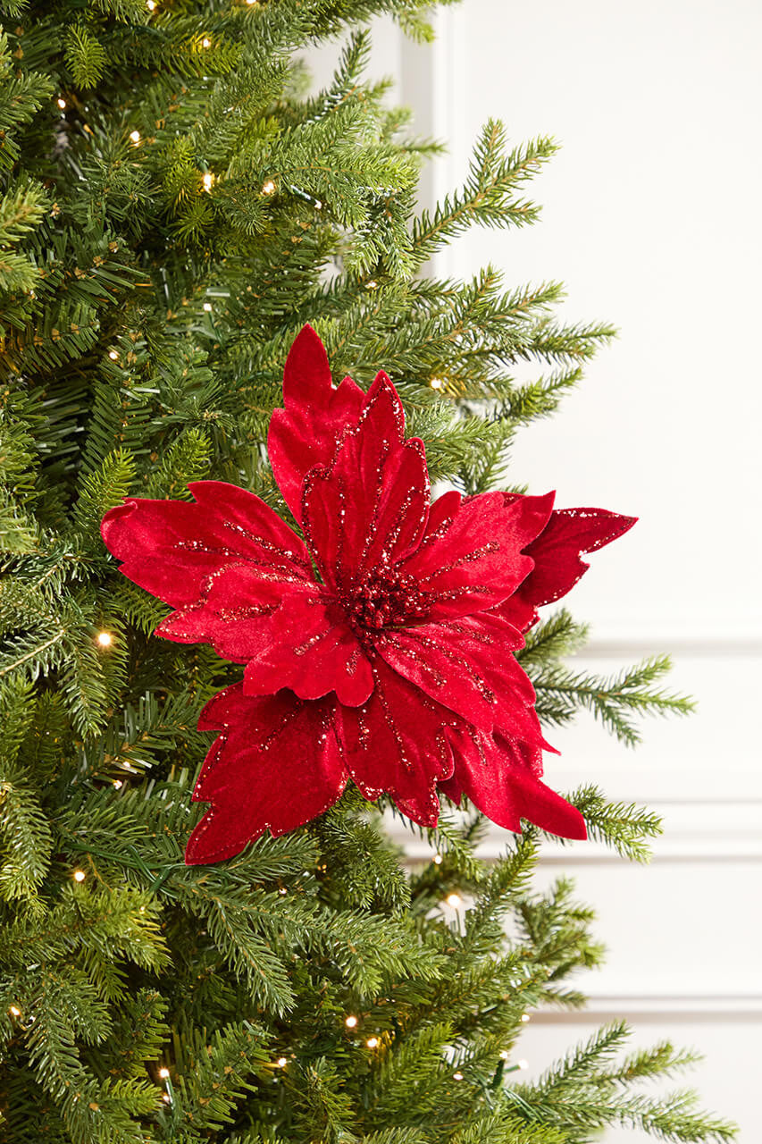 Red Velvet Glitter Poinsettia Stem 19 Inch Christmas Floral Decor