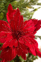 Red Velvet Glitter Poinsettia Stem 19 Inch Christmas Floral Decor