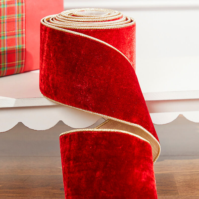 4" x 5 Yard Red Sheldon Velvet Wired Ribbon