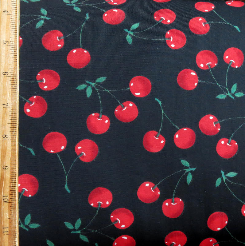 Swim Knit Nylon Spandex Red Cherries on Black