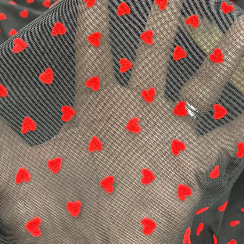 Red Flocked Hearts Power Mesh Fabric - Red Hearts, Black Mesh, 58" Width (1 Yard)