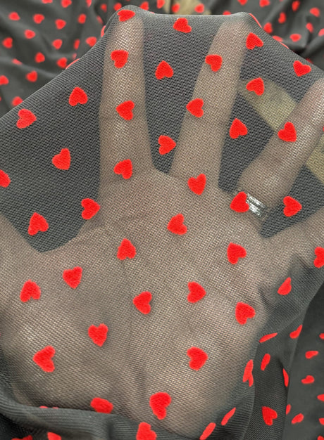 Red Flocked Hearts Power Mesh Fabric - Red Hearts, Black Mesh, 58" Width (1 Yard)