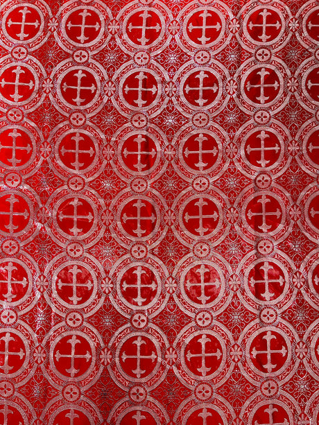 Red/Silver Rectangular Metallic Cross Brocade Jacquard Satin Fabric - Red/Silver Metallic Cross Pattern, Rectangular, Tablecloth Overlay (60 Inches X 72 Inches)