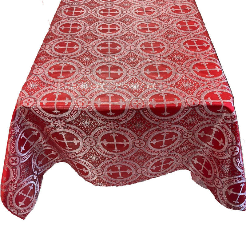 Red/Silver Rectangular Metallic Cross Brocade Jacquard Satin Fabric - Red/Silver Metallic Cross Pattern, Rectangular, Tablecloth Overlay (60 Inches X 72 Inches)