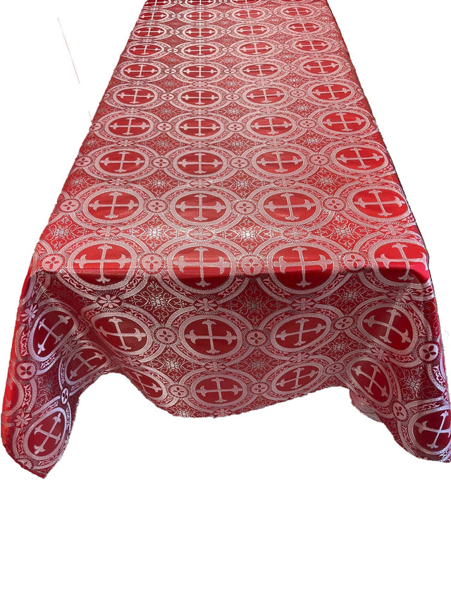 Red/Silver Rectangular Metallic Cross Brocade Jacquard Satin Fabric - Red/Silver Metallic Cross Pattern, Rectangular, Tablecloth Overlay (60 Inches X 72 Inches)