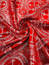 Square Metallic Cross Brocade Jacquard Satin Fabric - Red/Silver Metallic Cross Pattern, Square Table Overlay, 36" To 58" Sizes (1 Piece)