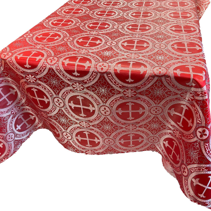 Square Metallic Cross Brocade Jacquard Satin Fabric - Red/Silver Metallic Cross Pattern, Square Table Overlay, 36" To 58" Sizes (1 Piece)