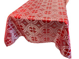 Square Metallic Cross Brocade Jacquard Satin Fabric - Red/Silver Metallic Cross Pattern, Square Table Overlay, 36" To 58" Sizes (1 Piece)