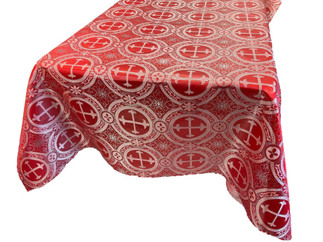 Square Metallic Cross Brocade Jacquard Satin Fabric - Red/Silver Metallic Cross Pattern, Square Table Overlay, 36" To 58" Sizes (1 Piece)