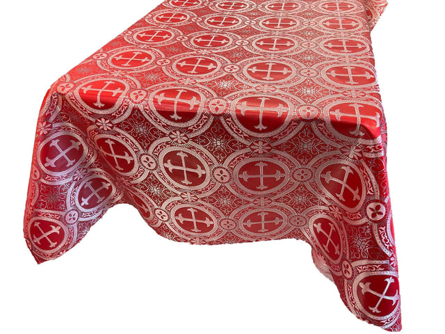 Square Metallic Cross Brocade Jacquard Satin Fabric - Red/Silver Metallic Cross Pattern, Square Table Overlay, 36" To 58" Sizes (1 Piece)
