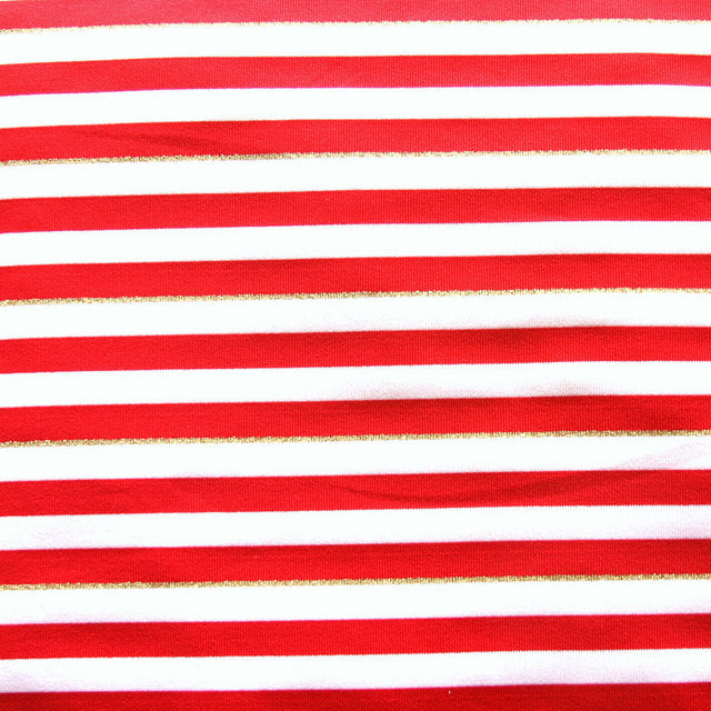 Nylon Lycra Swim Knit Red and White 1/4" Stripes with Gold Accent