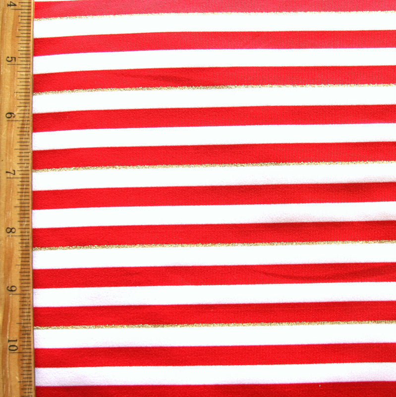 Nylon Lycra Swim Knit Red and White 1/4" Stripes with Gold Accent