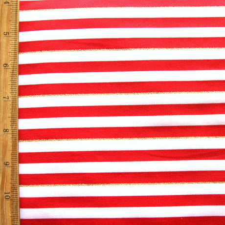 Nylon Lycra Swim Knit Red and White 1/4" Stripes with Gold Accent