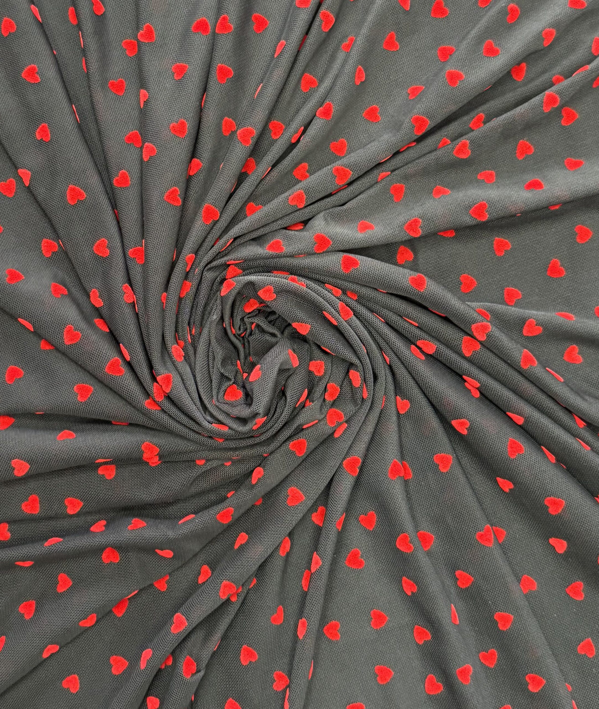 Red Flocked Hearts Power Mesh Fabric - Red Hearts, Black Mesh, 58" Width (1 Yard)