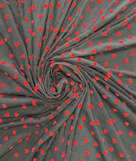 Red Flocked Hearts Power Mesh Fabric - Red Hearts, Black Mesh, 58" Width (1 Yard)