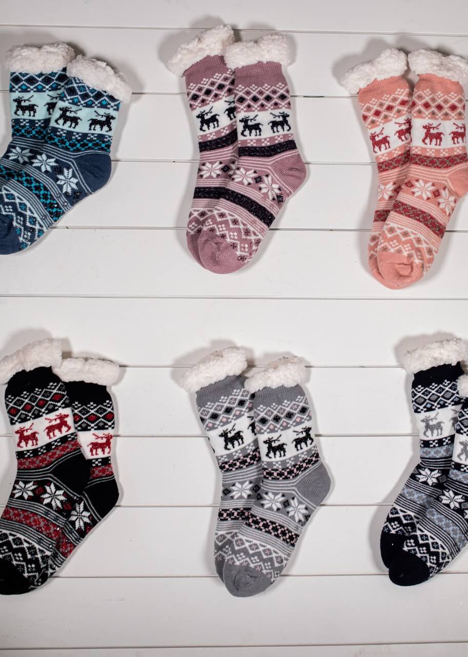 Snowflake Sparkle Deer Thermal Slipper Socks with Non-Slip Grippers