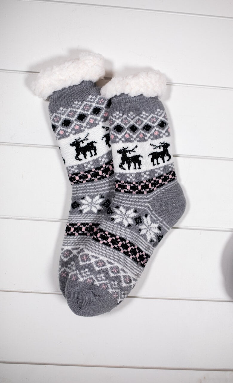 Snowflake Sparkle Deer Thermal Slipper Socks with Non-Slip Grippers