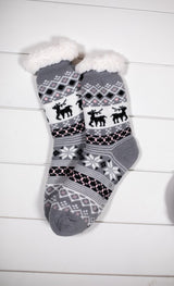 Snowflake Sparkle Deer Thermal Slipper Socks with Non-Slip Grippers