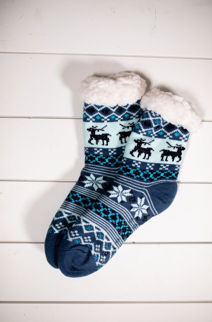 Snowflake Sparkle Deer Thermal Slipper Socks with Non-Slip Grippers
