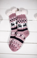 Snowflake Sparkle Deer Thermal Slipper Socks with Non-Slip Grippers