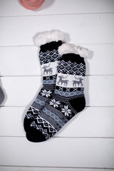 Snowflake Sparkle Deer Thermal Slipper Socks with Non-Slip Grippers