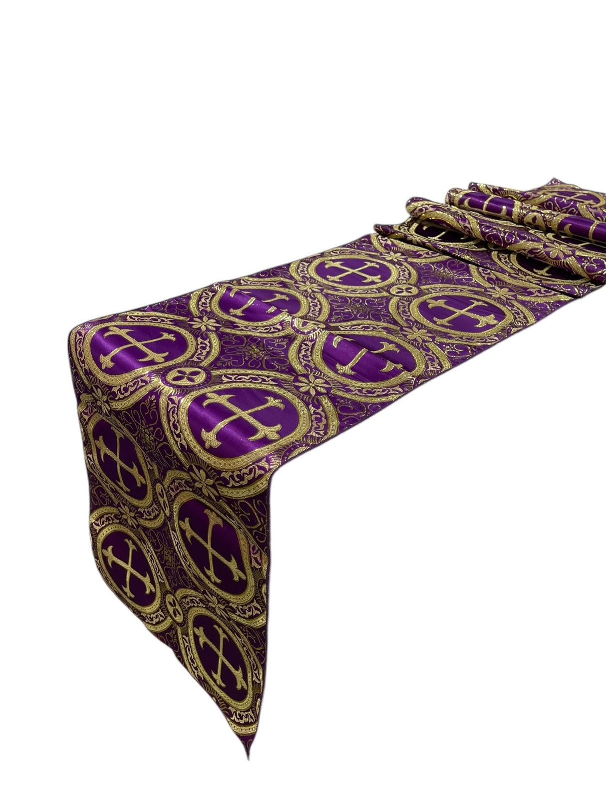 Religious Brocade Runner Tablecloth Brocade Fabric - Ecclesiastical Jacquard, Cross Motif, 14" Wide x 60" Long (1 Yard)