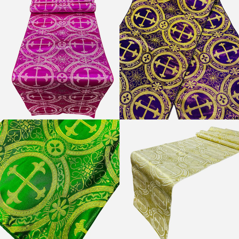 Religious Brocade Runner Tablecloth Brocade Fabric - Ecclesiastical Jacquard, Cross Motif, 14" Wide x 60" Long (1 Yard)