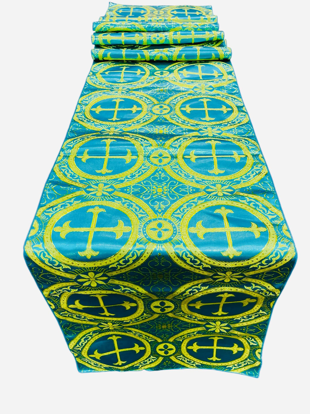 Religious Brocade Runner Tablecloth Brocade Fabric - Ecclesiastical Jacquard, Cross Motif, 14" Wide x 60" Long (1 Yard)