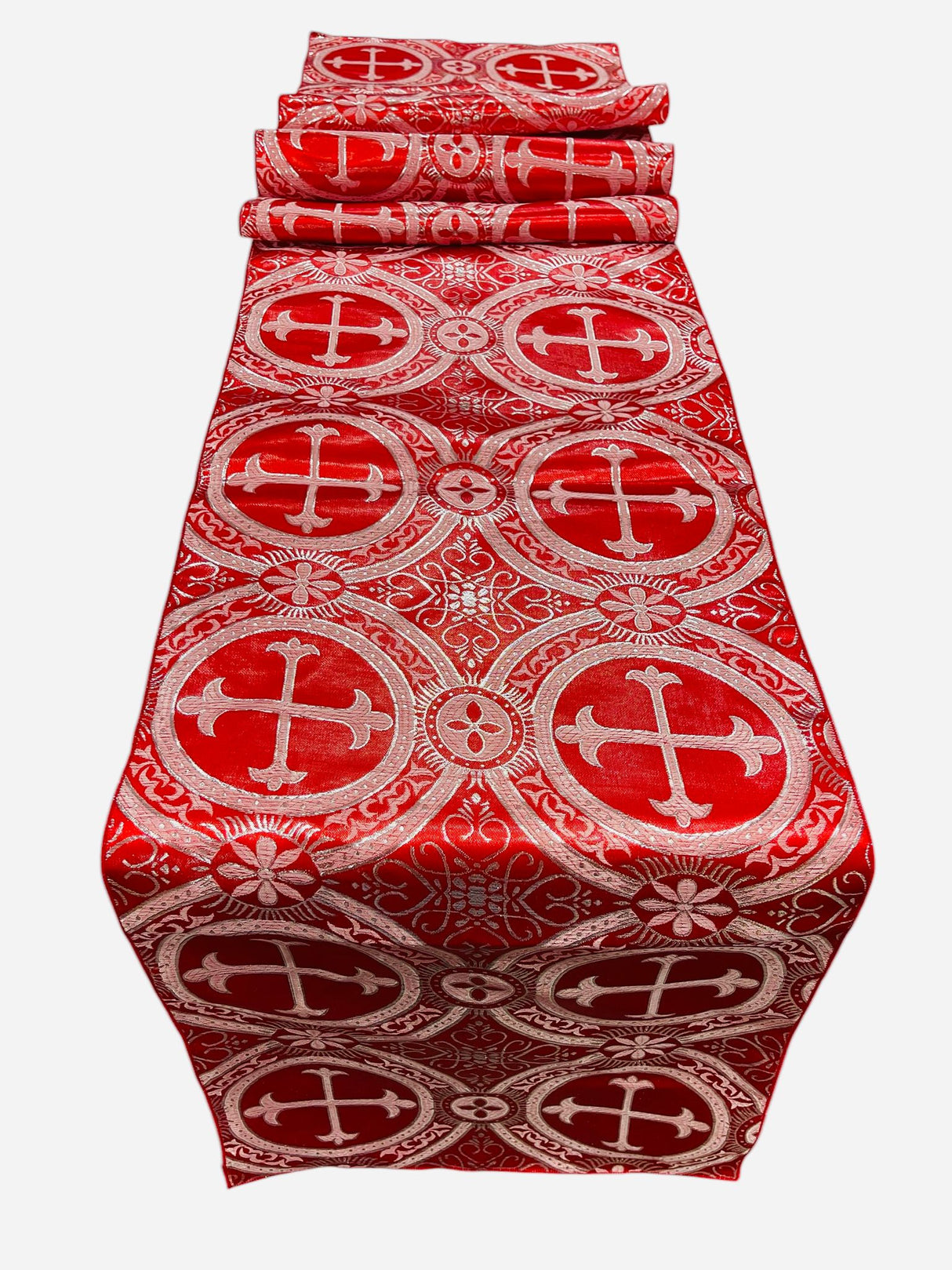 Religious Brocade Runner Tablecloth Brocade Fabric - Ecclesiastical Jacquard, Cross Motif, 14" Wide x 60" Long (1 Yard)