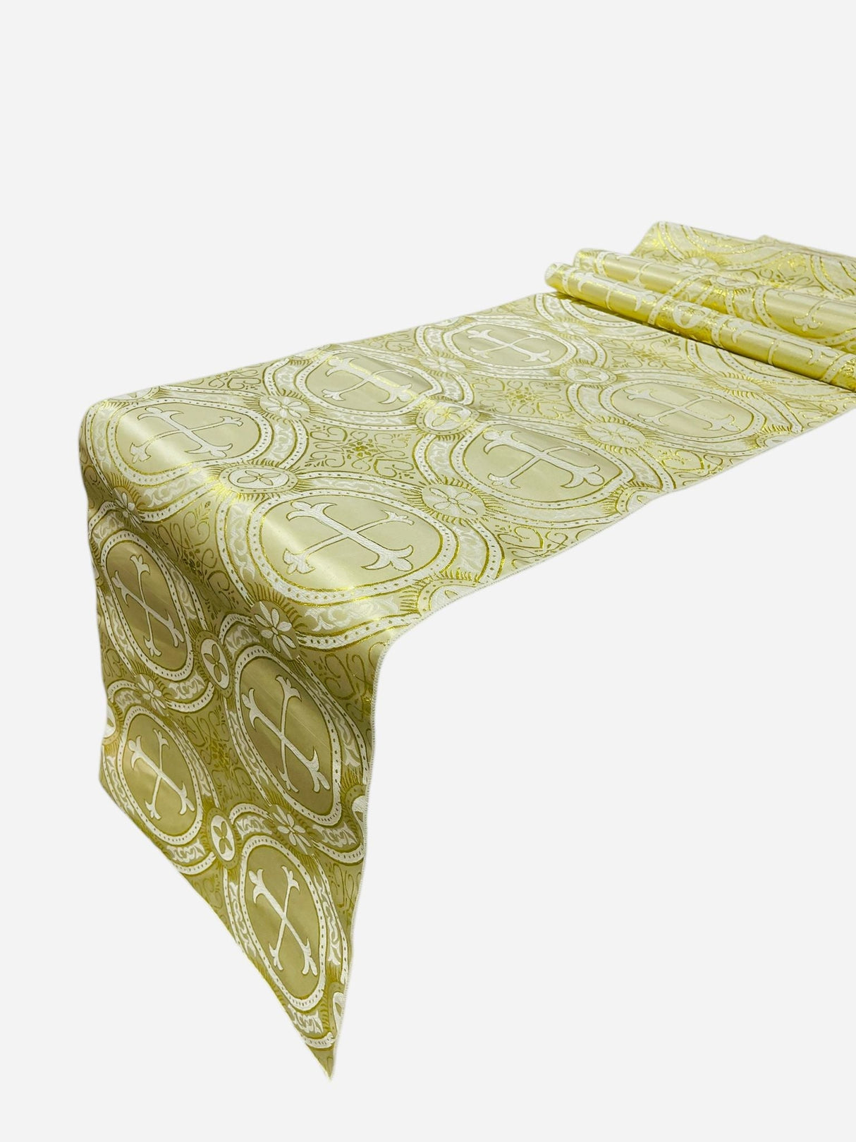 Religious Brocade Runner Tablecloth Brocade Fabric - Ecclesiastical Jacquard, Cross Motif, 14" Wide x 60" Long (1 Yard)