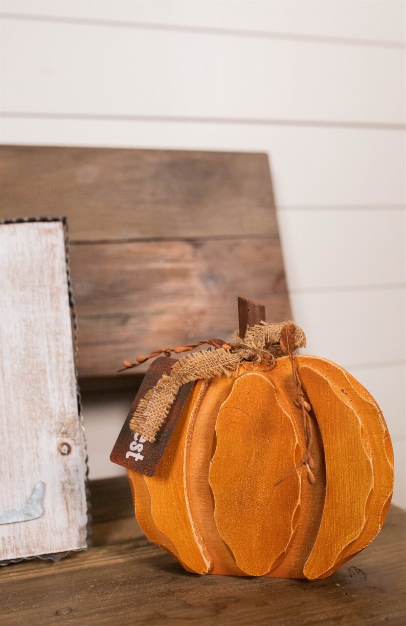 8” Wood Harvest Pumpkin with Burlap Bow and Berry Accents